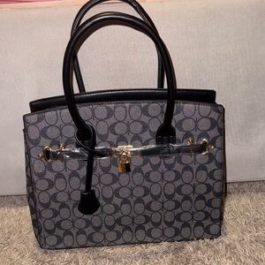 Black Patterned Tote Bag with Gold Accent